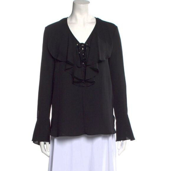 YIGAL AZROUËL Silk V-Neck Blouse Ruffle Lace Up 4 - Picture 1 of 6